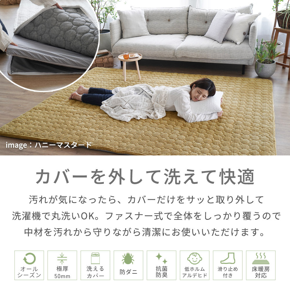 洗えるカバーで清潔に 抗菌防臭防ダニのポコポコキルトラグ