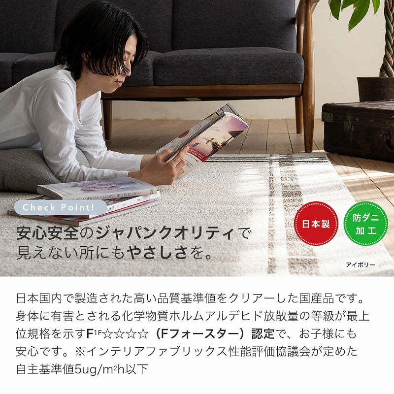 アクセント色と非対称パターンが優しい表情のチェック柄ラグ