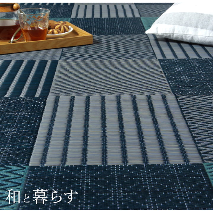 パッチワーク風のい草カーペット 京刺子 上敷き 花ござ 江戸間サイズ