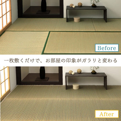 レトロなデザインのい草上敷き やわらかな色味とヘリの伝統的な紋様がマッチ 西条
