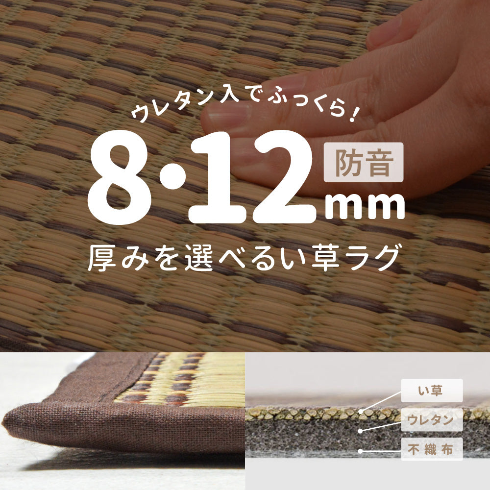 和モダンテイストのい草ラグ クレパス 中材にウレタンを約12mm入れた3層構造