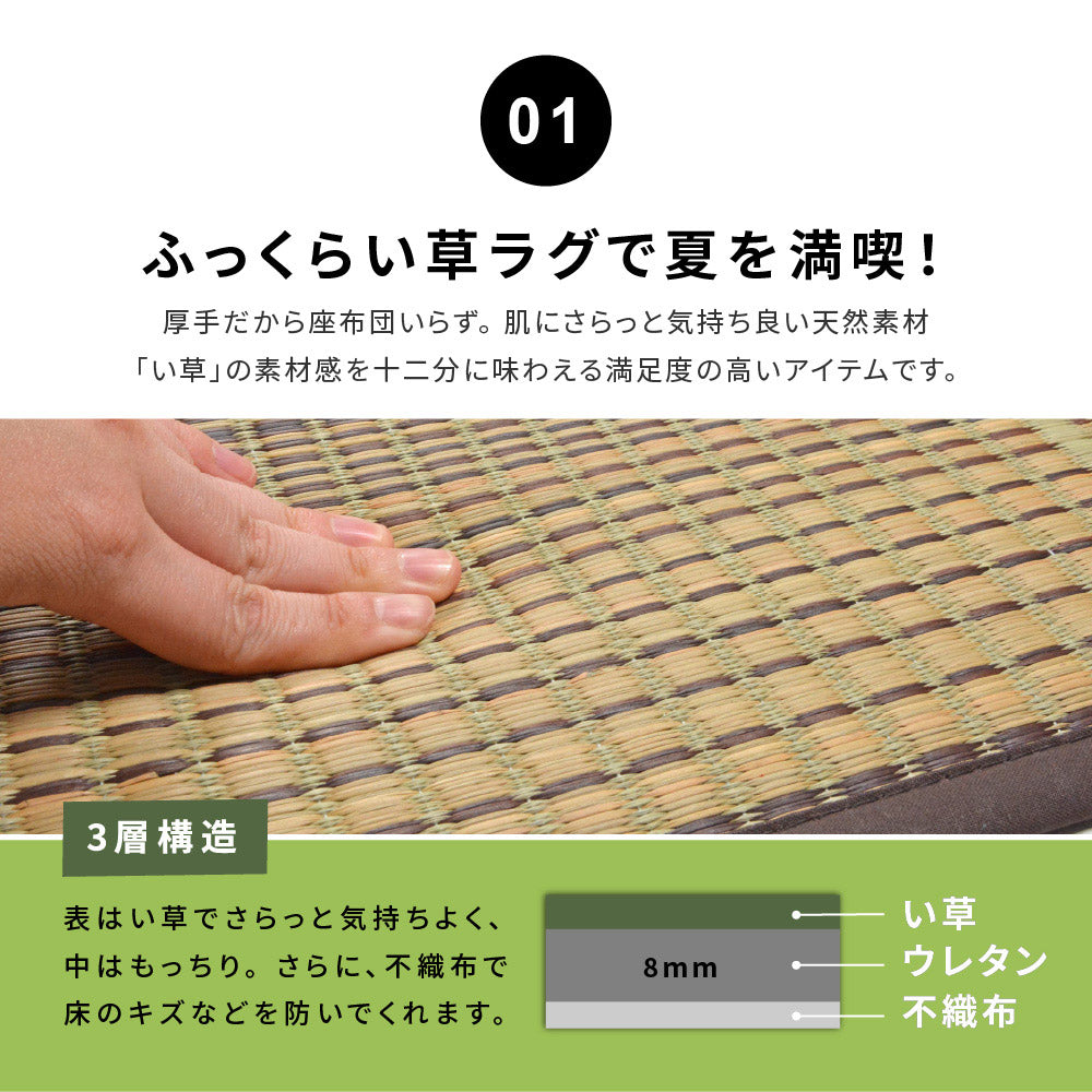 和モダンテイストのい草ラグ クレパス 中材にウレタンを約8mm入れた3層構造