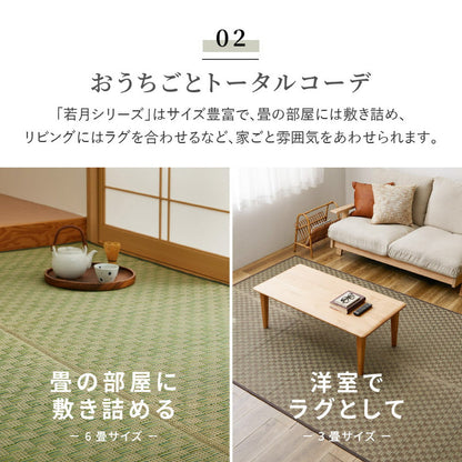 敷き詰めサイズのござカーペット 若月 本間サイズ 濃いめの染めい草を使った和モダン 上敷き  裏貼りなし