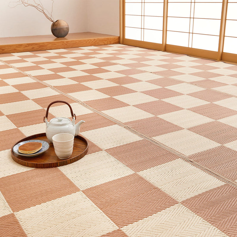 洗えるい草風カーペット 見た目はまるでい草のようなPP素材の市松柄上敷き 江戸間サイズ