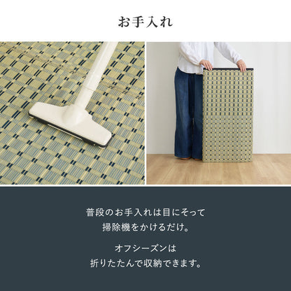 涼しげなブルーと市松模様風のデザインがおしゃれな天然い草ラグ 上敷き 清澄