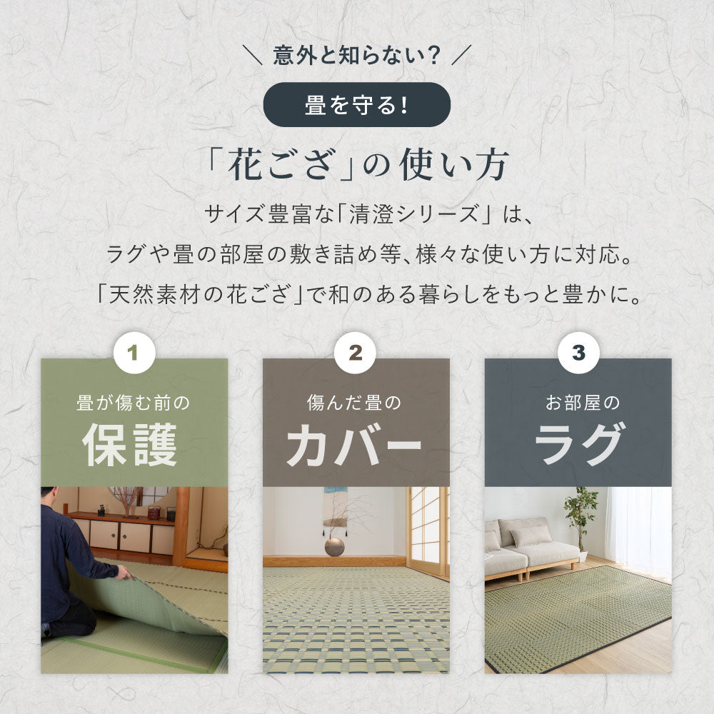 涼しげなブルーと市松模様風のデザインがおしゃれな天然い草ラグ 上敷き 清澄