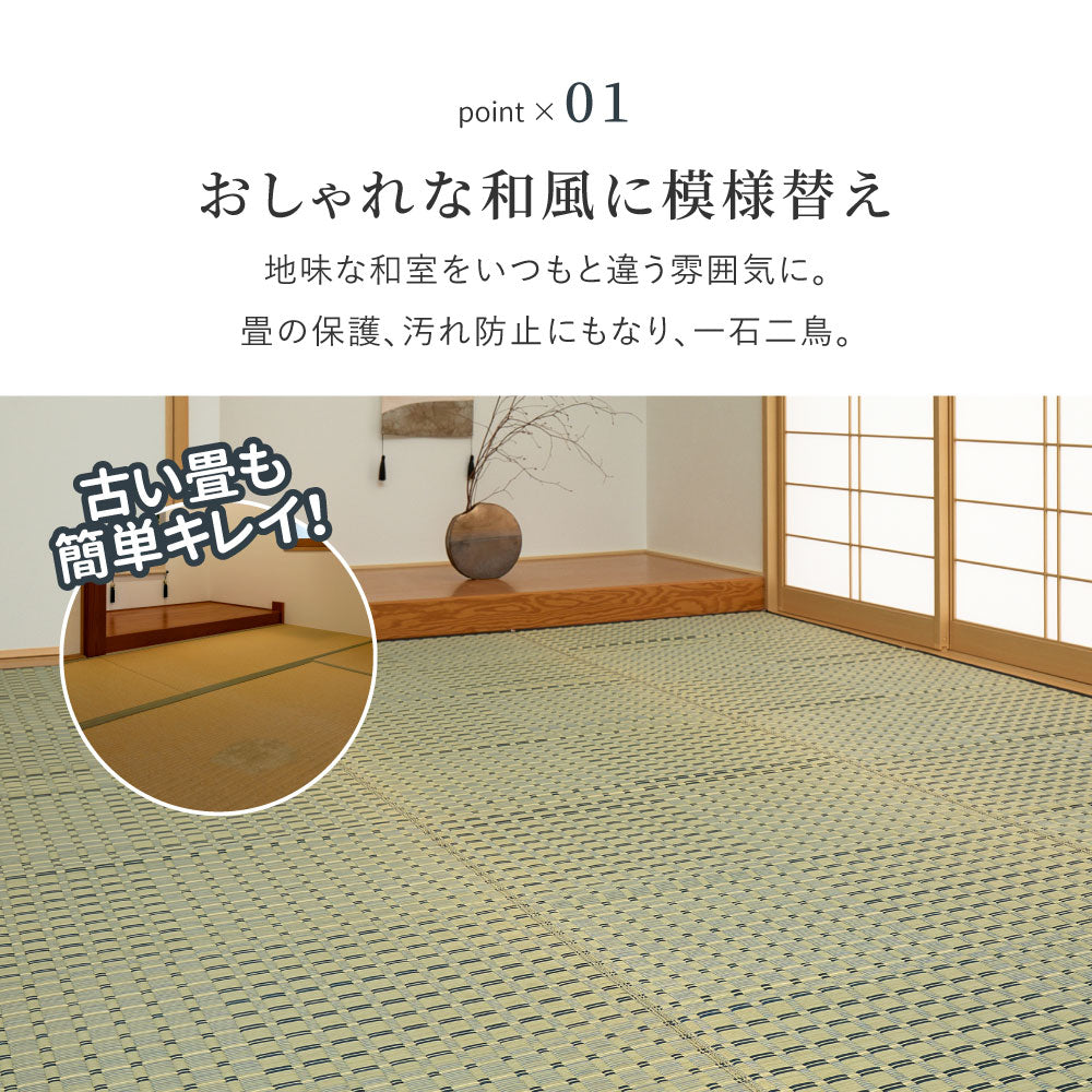 涼しげなブルーと市松模様風のデザインがおしゃれな天然い草ラグ 上敷き 清澄