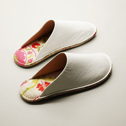 世界にひとつの一点もの 神戸レザー×ハイブランドファブリック レザースリッパ ホワイト Sサイズ