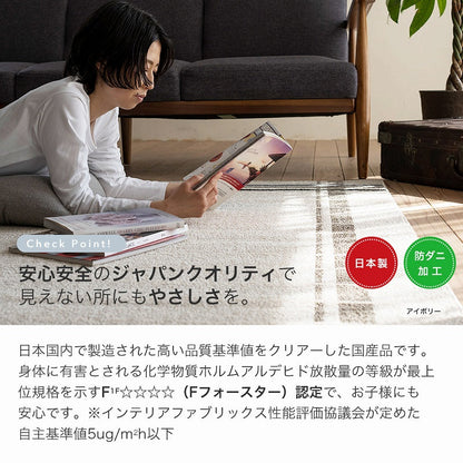 アクセント色と非対称パターンが優しい表情のチェック柄ラグ
