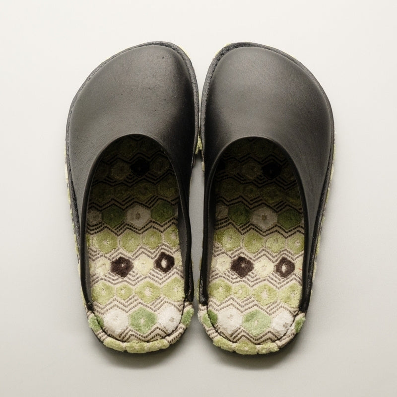 世界にひとつの一点もの 神戸レザー×ハイブランドファブリック レザースリッパ ブラック Sサイズ